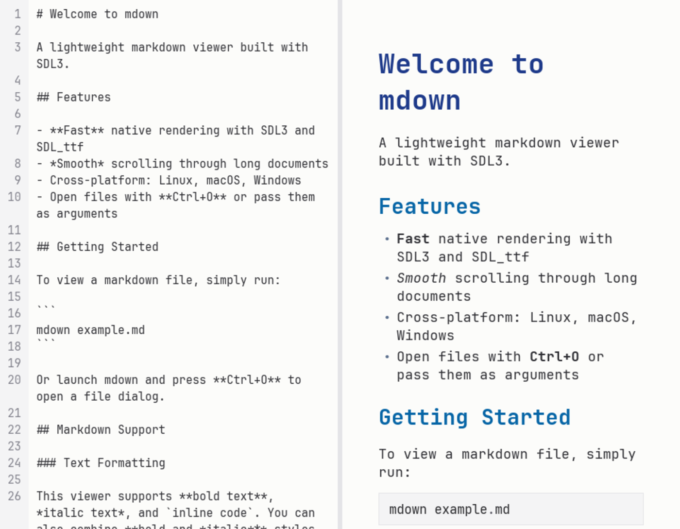 MDown with the markdown source on the left and the rendered document on the right